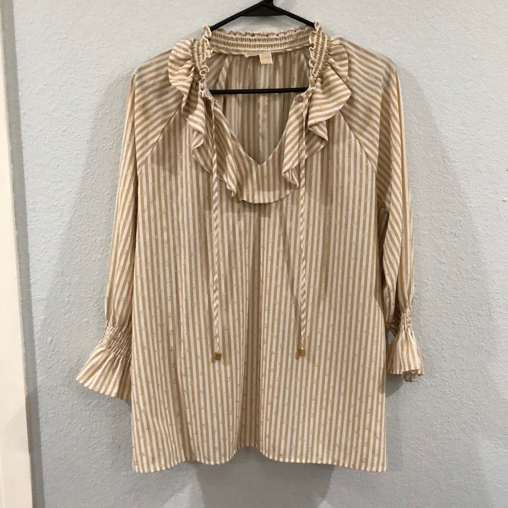 Michael kors blouse brown, gold, beige stripes, large